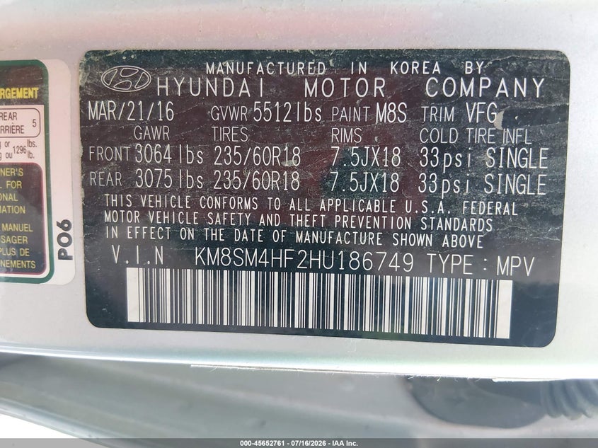 2017 Hyundai Santa fe VIN KM8SM4HF2HU186749 IAAI salvage auction — NORMAL WEAR, Clear (Tennessee), sold $1,000 on 2026-07-29 (photo 9)