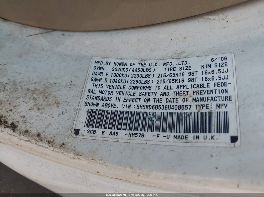 2006 Honda Cr-v VIN SHSRD68536U408557 IAAI salvage auction — NORMAL WEAR, Clear (Georgia), sold $600 on 2026-07-28 (photo 9)