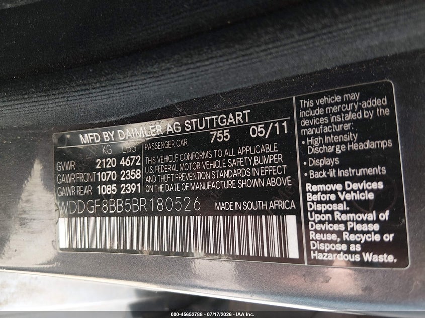 2011 Mercedes-benz C class VIN WDDGF8BB5BR180526 IAAI salvage auction — NORMAL WEAR, Certificate Of Title (Nebraska), sold $1,050 on 2026-08-20 (photo 9)