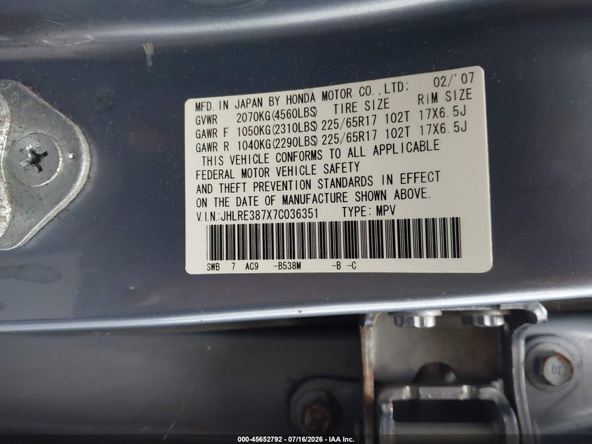 2007 Honda Cr-v VIN JHLRE387X7C036351 IAAI salvage auction — NORMAL WEAR, Clear (Florida), sold $1,500 on 2026-07-22 (photo 9)