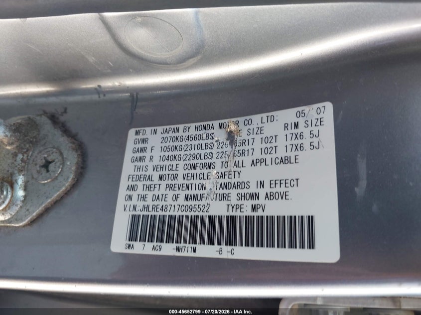 2007 Honda Cr-v VIN JHLRE48717C095522 IAAI salvage auction — LEFT FRONT, Regular Certificate (Iowa), sold $525 on 2026-07-28 (photo 9)