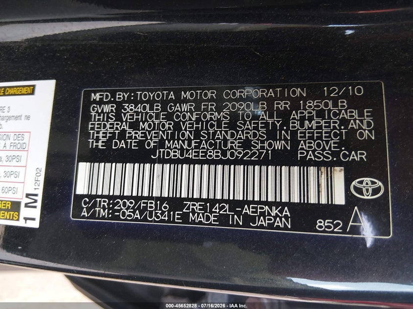2011 Toyota Corolla VIN JTDBU4EE8BJ092271 IAAI salvage auction — NORMAL WEAR, Clear (Connecticut), sold $925 on 2026-07-28 (photo 9)