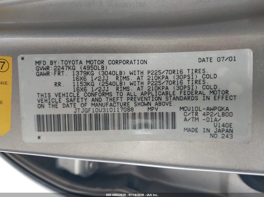 2001 Lexus Rx 300 VIN JTJGF10U310117088 IAAI salvage auction — FRONT END, Clear (Florida), sold $25 on 2026-07-29 (photo 9)