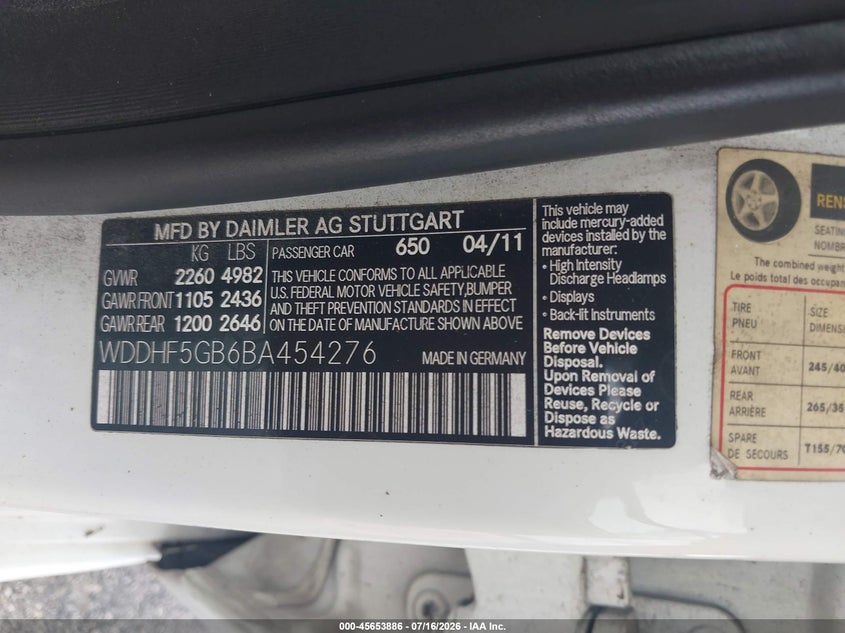 2011 Mercedes-benz E-klasse VIN WDDHF5GB6BA454276 IAAI salvage auction — NORMAL WEAR, Clear (Florida), sold $600 on 2026-07-23 (photo 9)