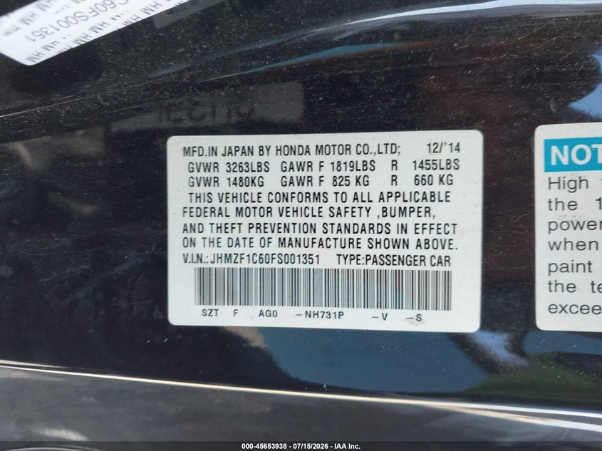 2015 Honda Cr-z VIN JHMZF1C60FS001351 IAAI salvage auction — NORMAL WEAR, Clear - Dealer Only (California), sold $125 on 2026-07-22 (photo 9)