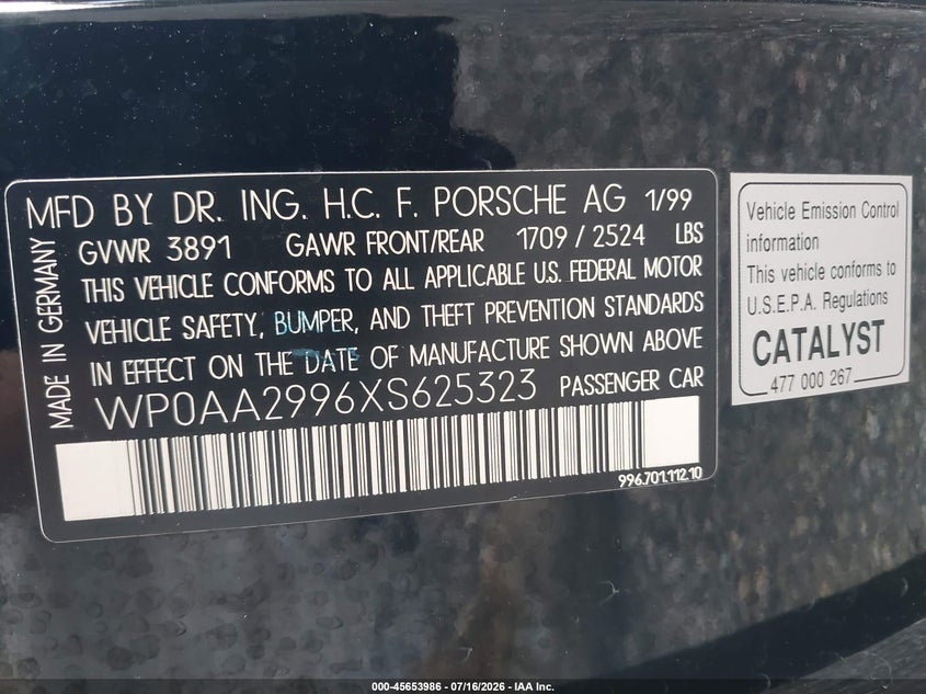 1999 Porsche 911 VIN WP0AA2996XS625323 IAAI salvage auction — NORMAL WEAR, Clear (California), sold $8,400 on 2026-08-19 (photo 9)
