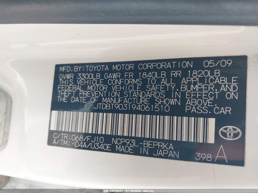 2009 Toyota Yaris VIN JTDBT903194061510 IAAI salvage auction — NORMAL WEAR, Clear-Dealer Only (Arizona), sold $25 on 2026-07-30 (photo 9)