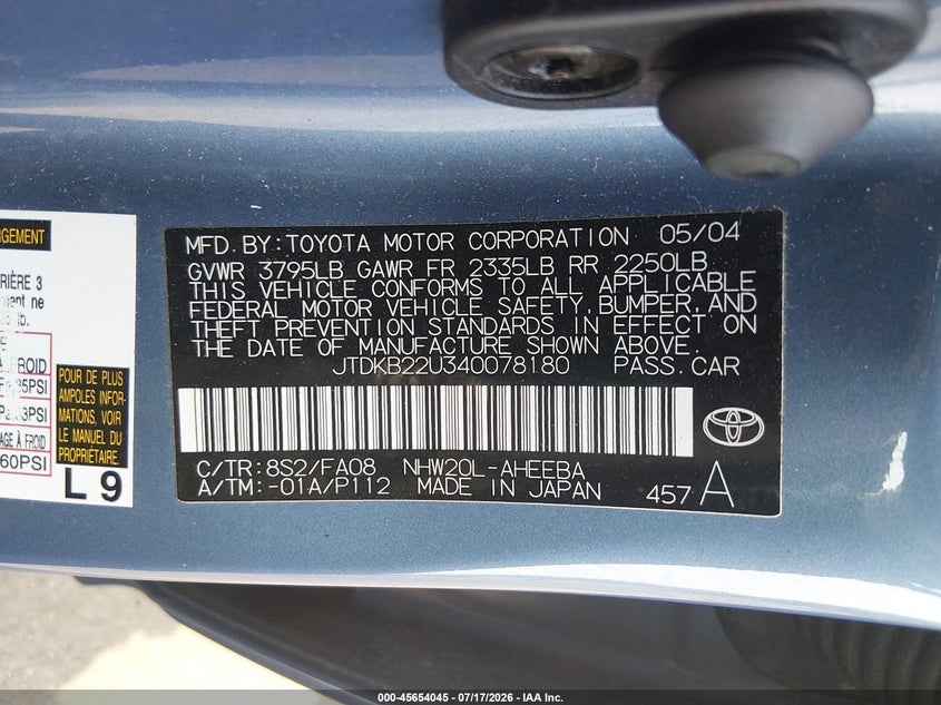 2004 Toyota Prius VIN JTDKB22U340078180 IAAI salvage auction — NORMAL WEAR, Clear (New Jersey), sold $25 on 2026-07-27 (photo 9)