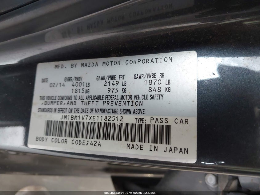 2014 Mazda 3 VIN JM1BM1V7XE1182512 IAAI salvage auction — ROOF, Salvage Title, sold $1,300 on 2026-07-31 (photo 9)