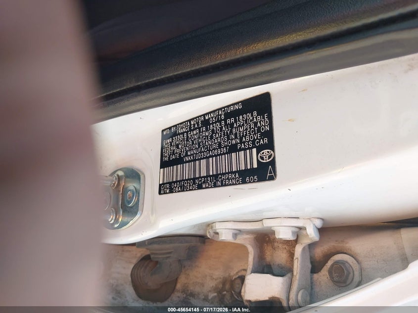 2016 Toyota Yaris VIN VNKKTUD33GA069367 IAAI salvage auction — NORMAL WEAR, Clear - Dealer Only (California), sold $1,100 on 2026-07-28 (photo 9)