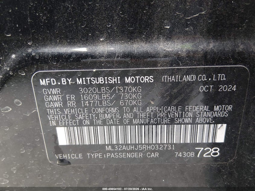 2024 Mitsubishi Mirage VIN ML32AUHJ5RH032731 IAAI salvage auction — LEFT FRONT, Enterprise Vehicles Clear Only (Texas), sold $3,600 on 2026-07-29 (photo 9)