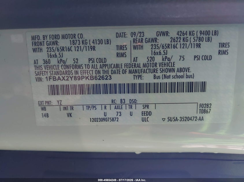 2023 Ford Transit-350 VIN 1FBAX2Y89PKB62623 IAAI salvage auction — NORMAL WEAR, SF97 (California), sold $23,200 on 2026-07-30 (photo 9)