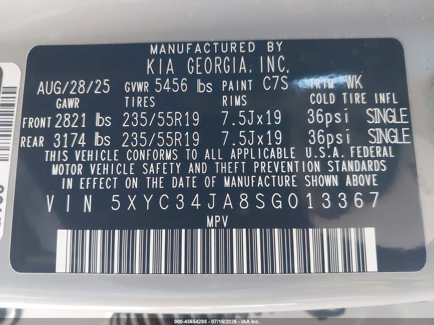 2025 Kia Ev6 VIN 5XYC34JA8SG013367 IAAI salvage auction — LEFT FRONT, Salvage Title, sold $13,000 on 2026-08-26 (photo 9)