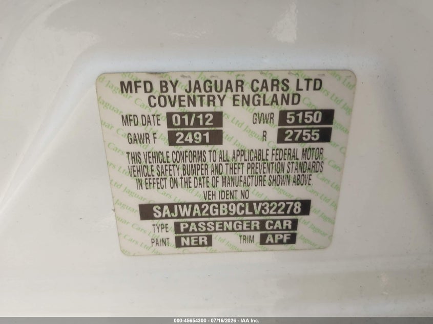 2012 Jaguar Xj VIN SAJWA2GB9CLV32278 IAAI salvage auction — NORMAL WEAR, Clear (Virginia), sold $525 on 2026-07-23 (photo 9)