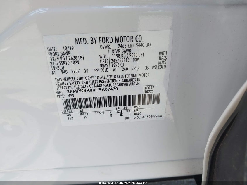 2020 Ford Edge VIN 2FMPK4K98LBA07479 IAAI salvage auction — SIDE, Wait Title, sold $8,300 on 2026-08-18 (photo 9)