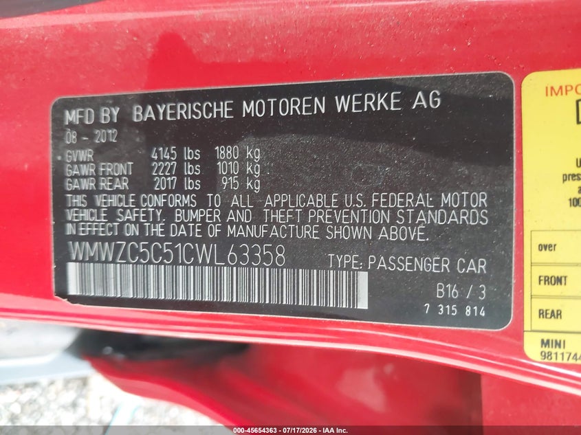 2012 Mini Cooper VIN WMWZC5C51CWL63358 IAAI salvage auction — NORMAL WEAR, Clear (Alabama), sold $375 on 2026-07-29 (photo 9)