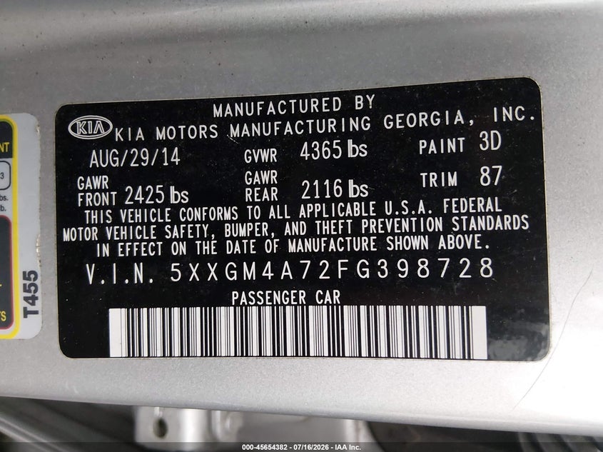 2015 Kia Optima VIN 5XXGM4A72FG398728 IAAI salvage auction — NORMAL WEAR, Clear (Washington), sold $725 on 2026-07-29 (photo 9)