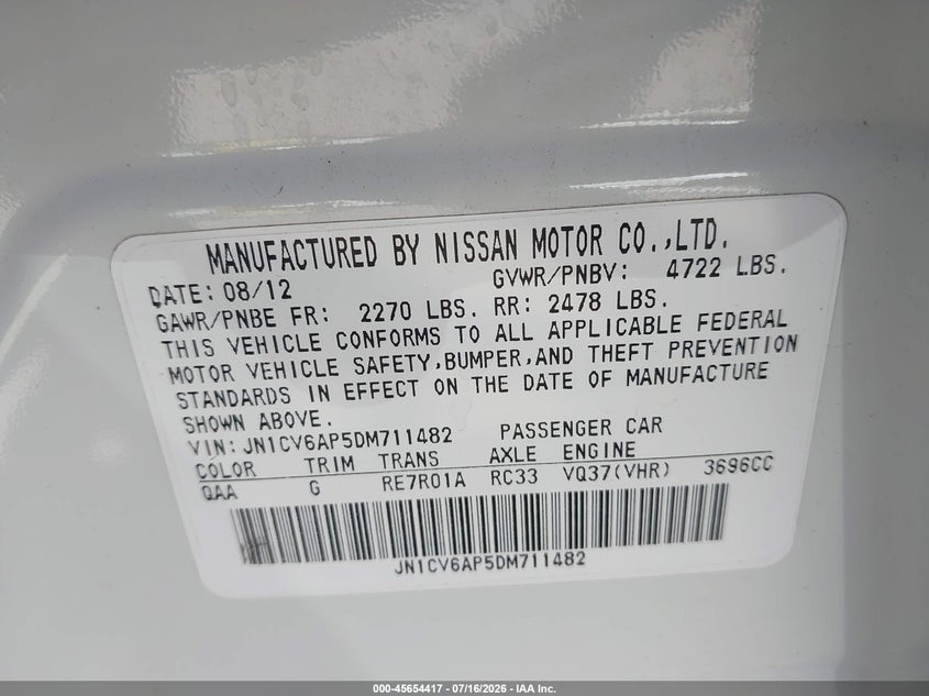 2013 Infiniti G VIN JN1CV6AP5DM711482 IAAI salvage auction — FRONT END, Wait Title, sold $2,350 on 2026-08-23 (photo 9)