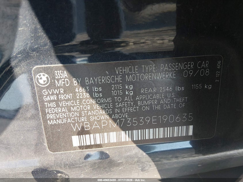 2009 BMW 3 series VIN WBAPM73539E190635 IAAI salvage auction — RIGHT SIDE, Salvage (Tennessee), sold $400 on 2026-08-04 (photo 9)