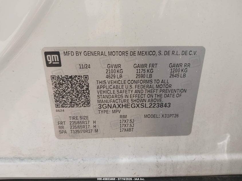 2025 Chevrolet Equinox VIN 3GNAXHEGXSL223843 IAAI salvage auction — ENGINE DAMAGE, Salvage Title, sold $12,800 on 2026-07-30 (photo 9)