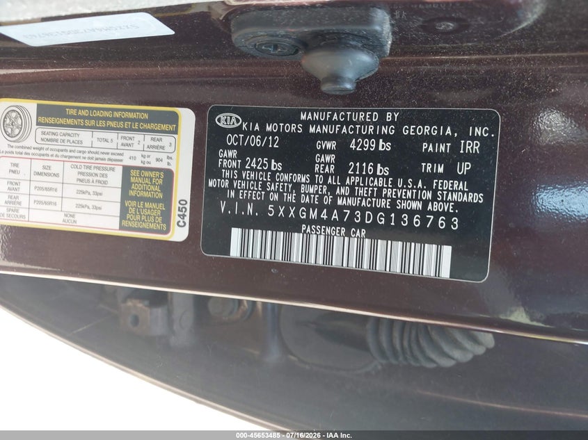 2013 Kia Optima VIN 5XXGM4A73DG136763 IAAI salvage auction — NO DAMAGE, Salvage Title, sold $275 on 2026-07-28 (photo 8)