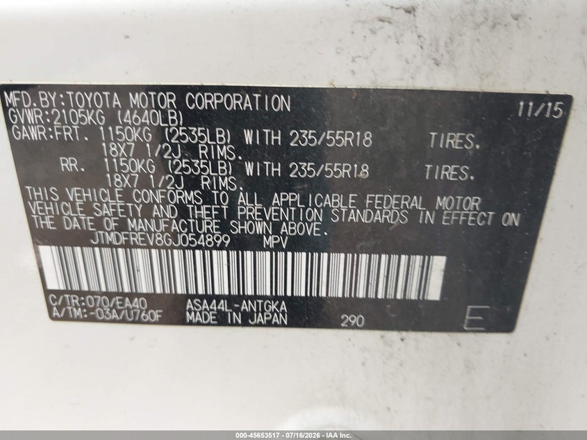 2016 Toyota Rav 4 VIN JTMDFREV8GJ054899 IAAI salvage auction — NORMAL WEAR, Clear (Maryland), sold $5,100 on 2026-07-23 (photo 9)
