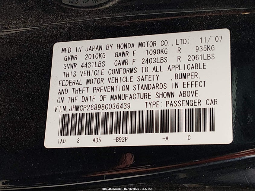 2008 Honda Accord VIN JHMCP26898C036439 IAAI salvage auction — NORMAL WEAR, Original (Texas), sold $425 on 2026-07-28 (photo 9)