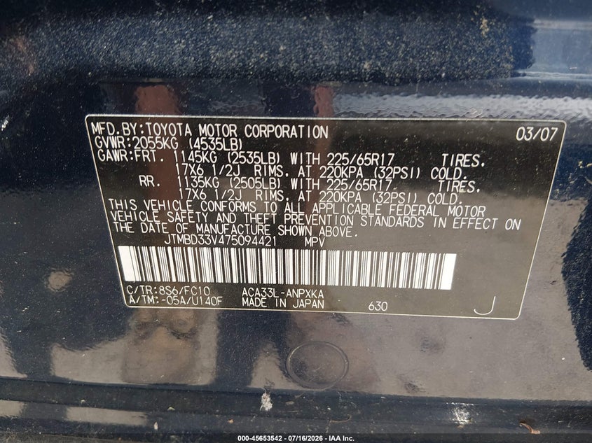 2007 Toyota Rav4 VIN JTMBD33V475094421 IAAI salvage auction — RIGHT SIDE, Clear (Massachusetts), sold $675 on 2026-07-28 (photo 9)