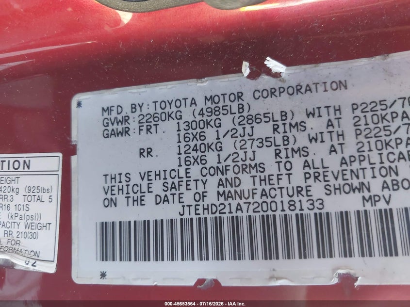 2002 Toyota Highlander VIN JTEHD21A720018133 IAAI salvage auction — NORMAL WEAR, Clear - Dealer Only (California), sold $125 on 2026-07-29 (photo 9)