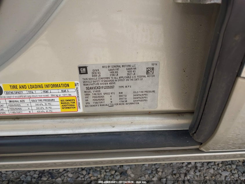 2015 Buick Enclave VIN 5GAKVCKD1FJ205097 IAAI salvage auction — FRONT END, Wait Title, sold $2,900 on 2026-08-20 (photo 9)