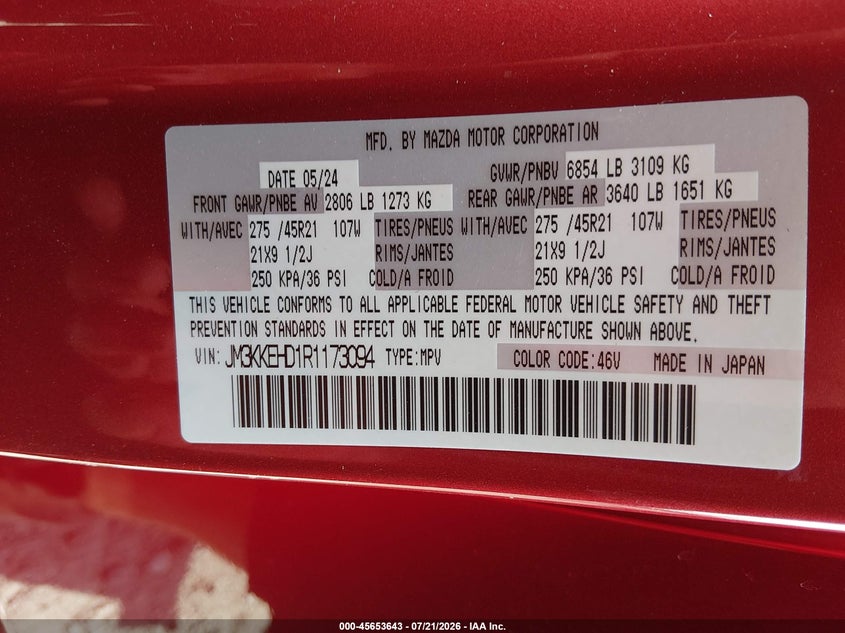2024 Mazda Cx-90 VIN JM3KKEHD1R1173094 IAAI salvage auction — FRONT END, Salvage Title, sold $12,500 on 2026-08-26 (photo 9)