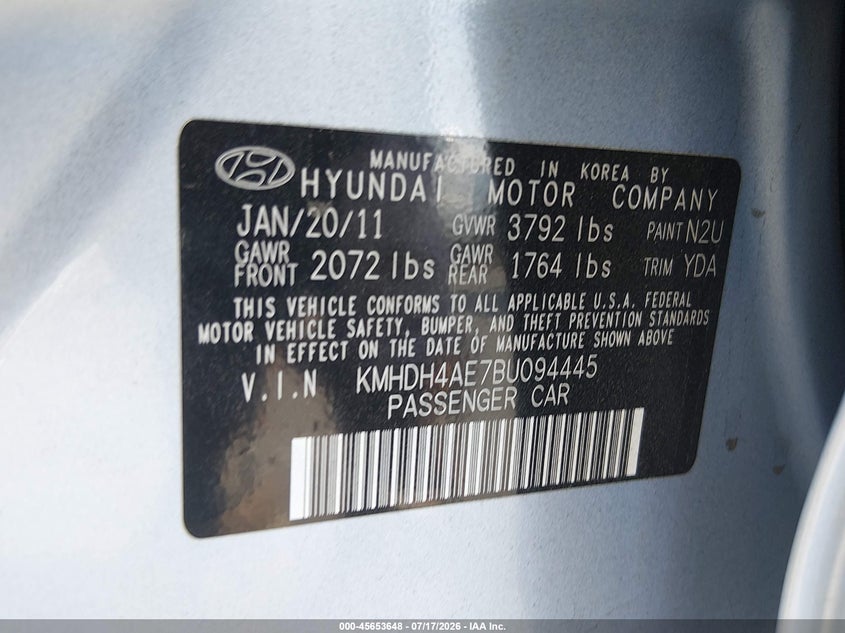 2011 Hyundai Elantra VIN KMHDH4AE7BU094445 IAAI salvage auction — NORMAL WEAR, Clear (North Carolina), sold $25 on 2026-07-25 (photo 9)
