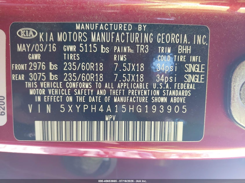 2017 Kia Sorento VIN 5XYPH4A15HG193905 IAAI salvage auction — NORMAL WEAR, Clear (Tennessee), sold $1,225 on 2026-07-30 (photo 9)