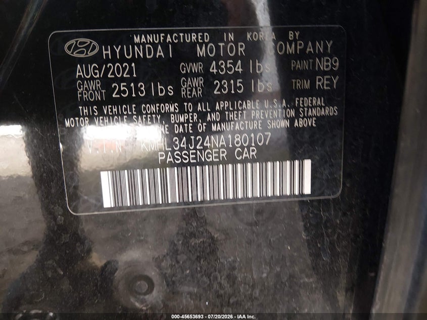 2022 Hyundai Sonata VIN KMHL34J24NA180107 IAAI salvage auction — NORMAL WEAR, Clear (Texas), sold $3,300 on 2026-07-29 (photo 9)