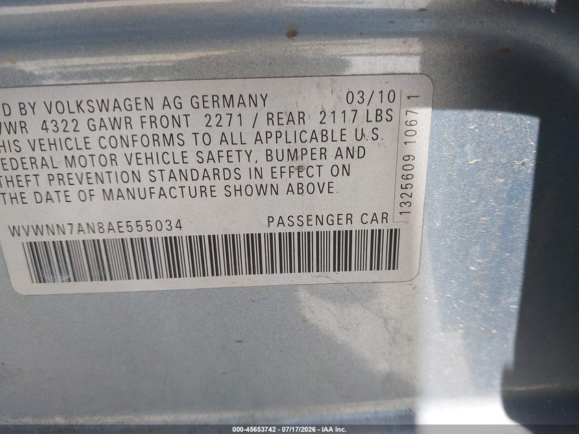 2010 Volkswagen Cc VIN WVWNN7AN8AE555034 IAAI salvage auction — NORMAL WEAR, Clear (Indiana), sold $475 on 2026-07-23 (photo 9)