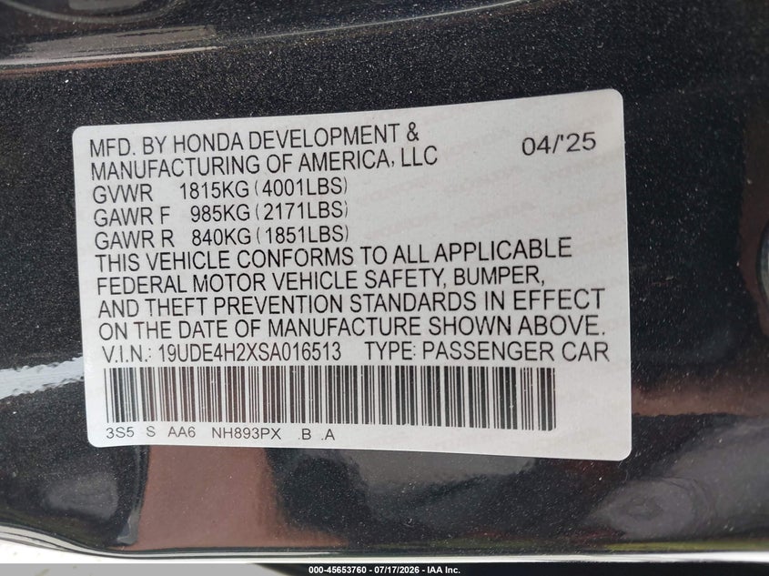 2025 Acura Integra VIN 19UDE4H2XSA016513 IAAI salvage auction — LEFT SIDE, Salvage (Ohio), sold $11,850 on 2026-08-20 (photo 9)
