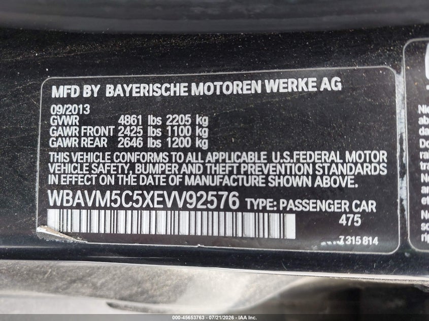 2014 BMW X1 VIN WBAVM5C5XEVV92576 IAAI salvage auction — NORMAL WEAR, Clear (New Jersey), sold $1,250 on 2026-07-27 (photo 9)