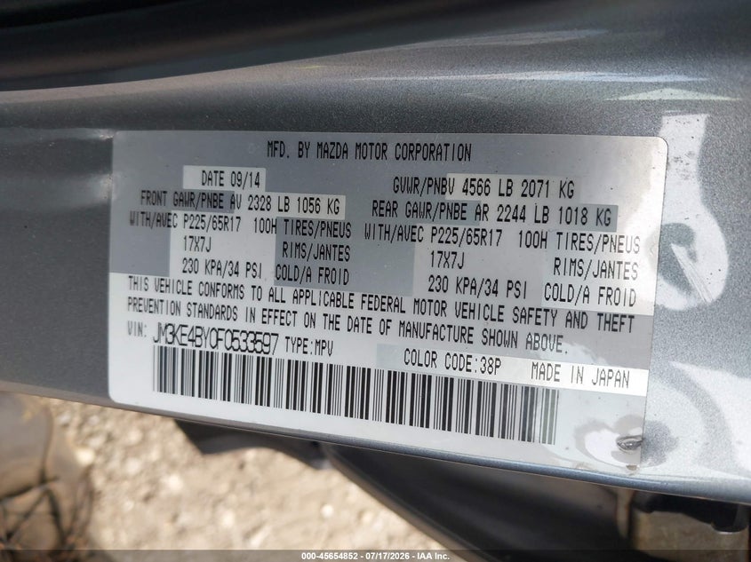 2015 Mazda Cx-5 VIN JM3KE4BY0F0533597 IAAI salvage auction — RIGHT SIDE, Salvage Title, sold $50 on 2026-07-31 (photo 9)