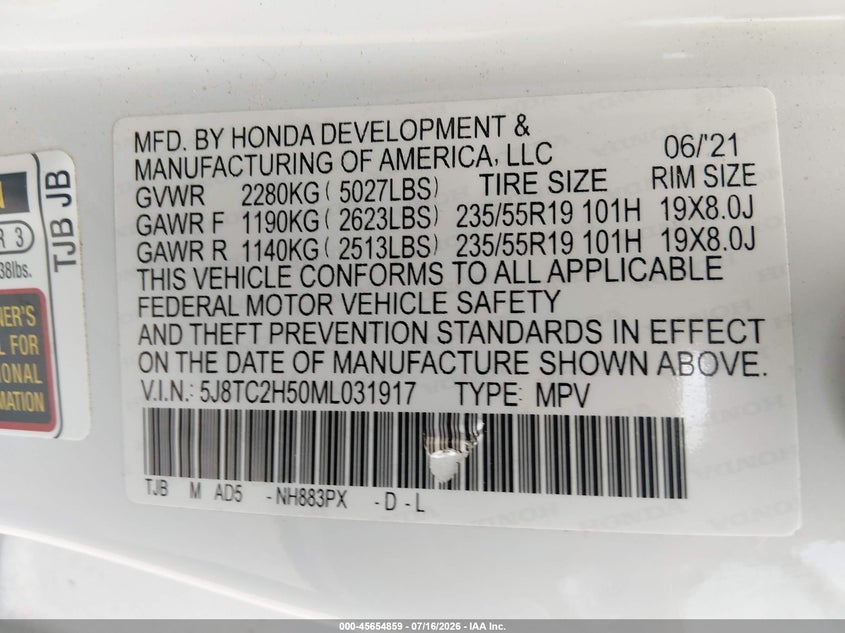 2021 Acura Rdx VIN 5J8TC2H50ML031917 IAAI salvage auction — FRONT END, Wait Title, sold $8,300 on 2026-08-23 (photo 9)