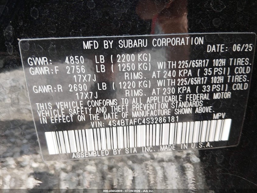 2025 Subaru Outback VIN 4S4BTAFC4S3286181 IAAI salvage auction — FRONT END, Wait Title, sold $8,100 on 2026-08-20 (photo 9)
