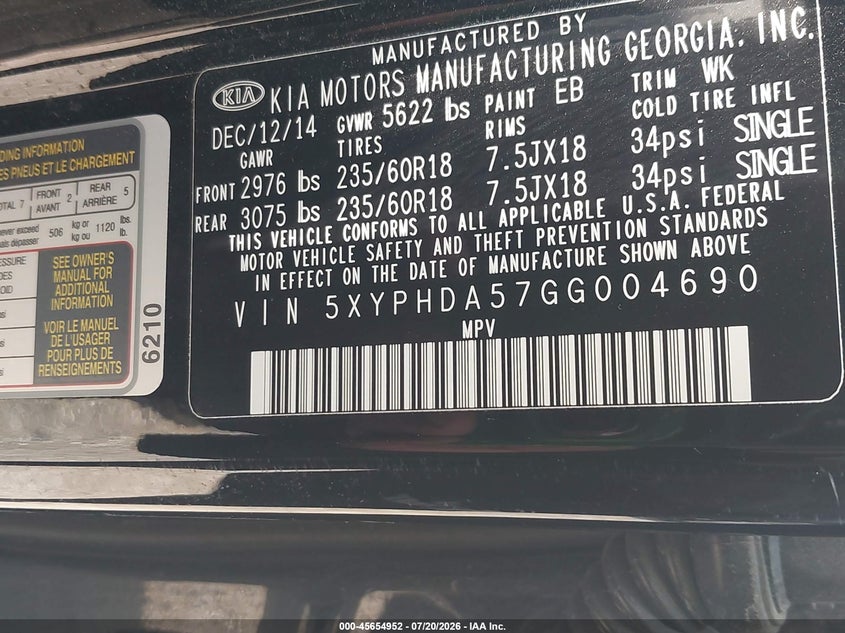 2016 Kia Sorento VIN 5XYPHDA57GG004690 IAAI salvage auction — NORMAL WEAR, Regular Certificate (Iowa), sold $1,500 on 2026-07-29 (photo 9)