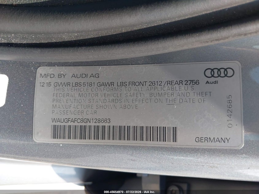 2016 Audi A6 VIN WAUGFAFC8GN128663 IAAI salvage auction — NORMAL WEAR, Clear (New Jersey), sold $500 on 2026-07-28 (photo 9)