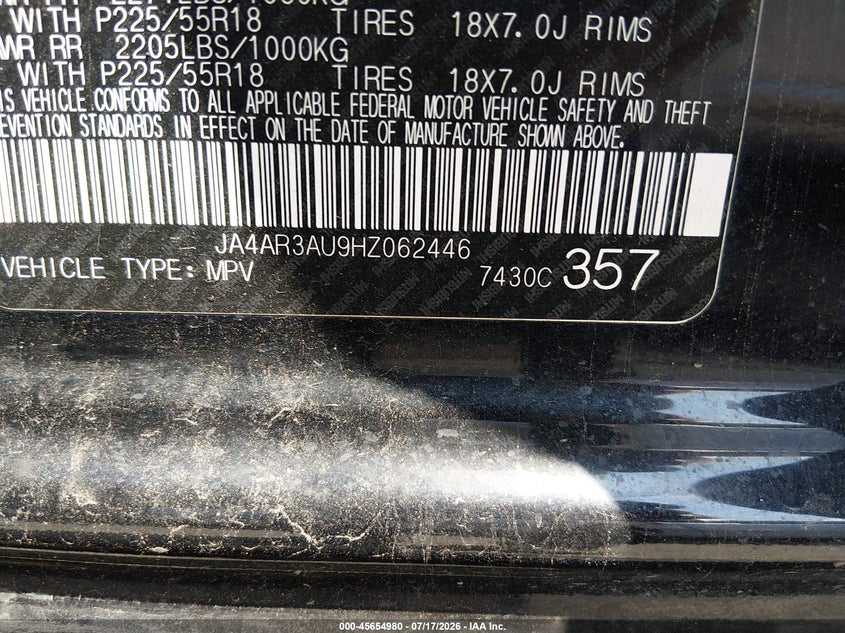 2017 Mitsubishi Outlander VIN JA4AR3AU9HZ062446 IAAI salvage auction — SIDE, Salvage (North Carolina), sold $1,700 on 2026-07-31 (photo 9)