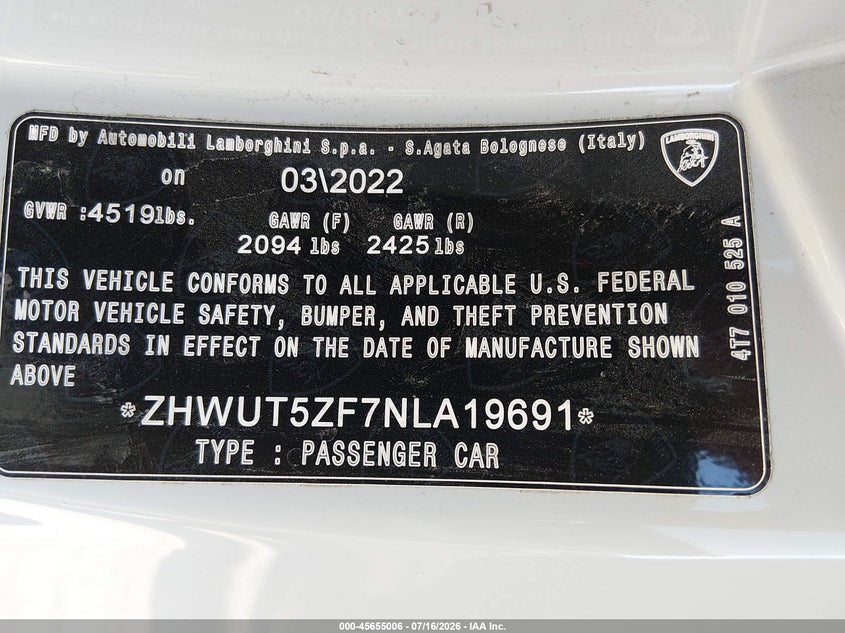 2022 Lamborghini Huracan VIN ZHWUT5ZF7NLA19691 IAAI salvage auction — SIDE, Wait Title, sold $163,325 on 2026-09-14 (photo 9)
