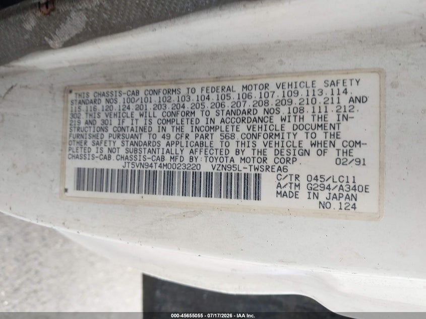 1991 Toyota Pickup VIN JT5VN94T4M0023220 IAAI salvage auction — LEFT FRONT, Salvage (California), sold $350 on 2026-08-01 (photo 9)