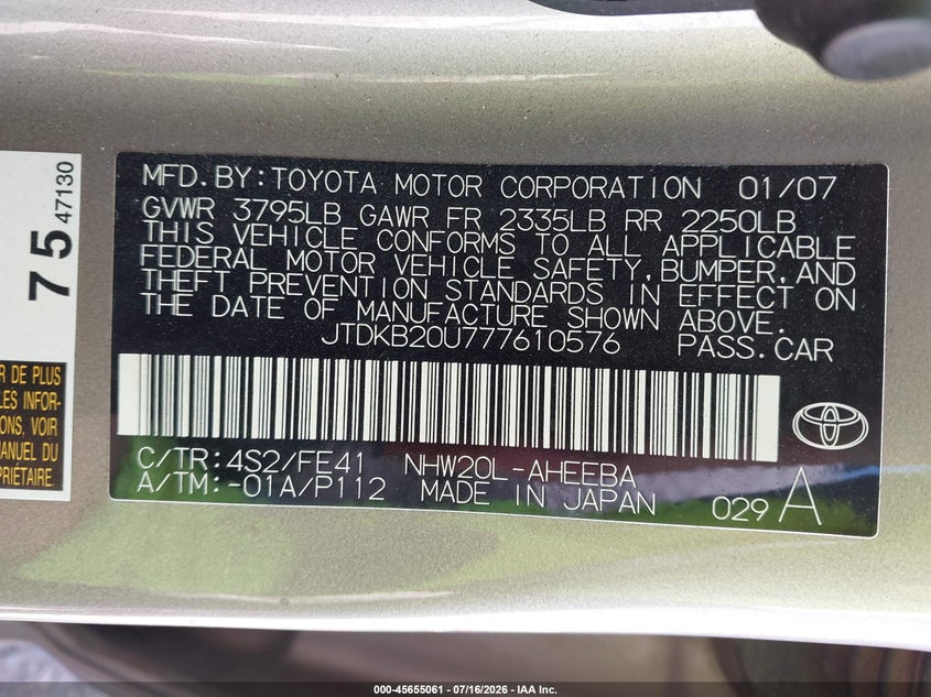 2007 Toyota Prius VIN JTDKB20U777610576 IAAI salvage auction — FRONT END, Salvage (New Mexico), sold $25 on 2026-07-29 (photo 9)