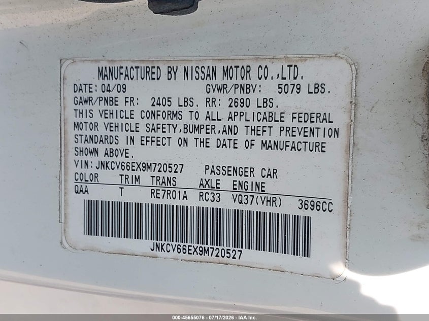 2009 Infiniti G37 VIN JNKCV66EX9M720527 IAAI salvage auction — NORMAL WEAR, Clear (New Jersey), sold $575 on 2026-07-29 (photo 9)