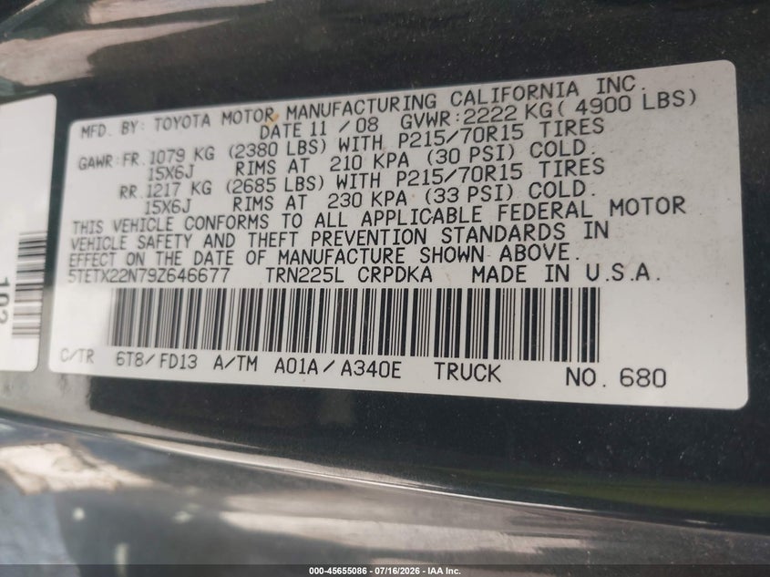 2009 Toyota Tacoma VIN 5TETX22N79Z646677 IAAI salvage auction — NORMAL WEAR, Clear (Indiana), sold $4,100 on 2026-07-29 (photo 9)