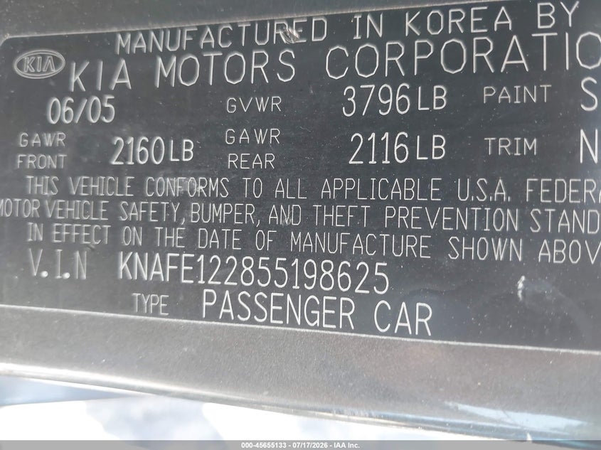 2005 Kia Spectra VIN KNAFE122855198625 IAAI salvage auction — NORMAL WEAR, Clear - Dealer Only (California), sold $475 on 2026-07-22 (photo 9)