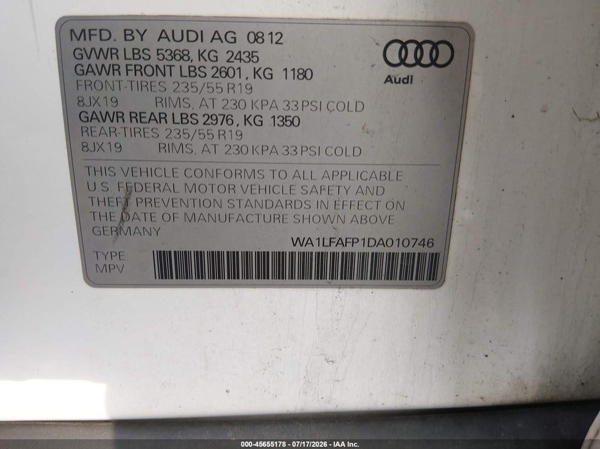 2013 Audi Q5 VIN WA1LFAFP1DA010746 IAAI salvage auction — FRONT END, Salvage (Pennsylvania), sold $825 on 2026-07-28 (photo 9)